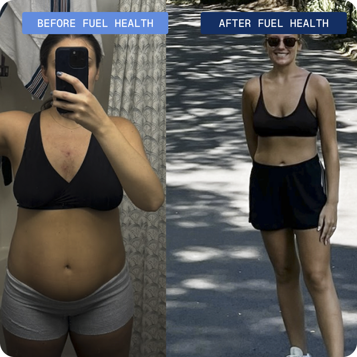 A before and after comparison image of a woman, showing a physical transformation in her body.